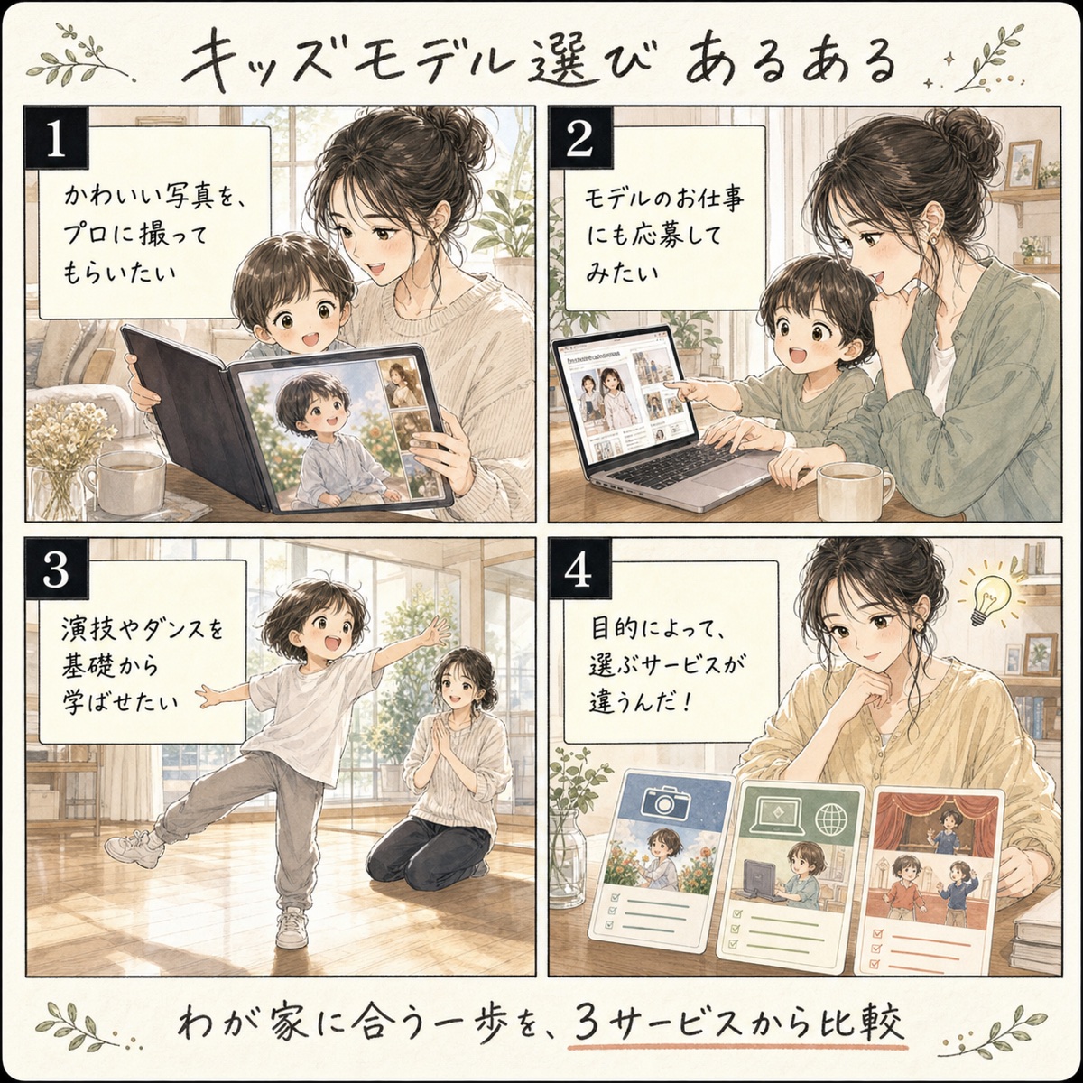 キッズモデルサービスを選ぶ親子の4コマ漫画